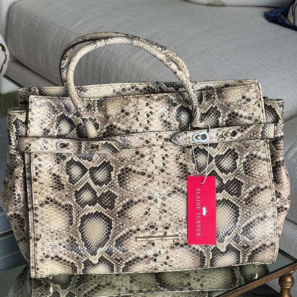 Elaine Turner Beige Leather Snake Print Satchel - Picture 4 of 4